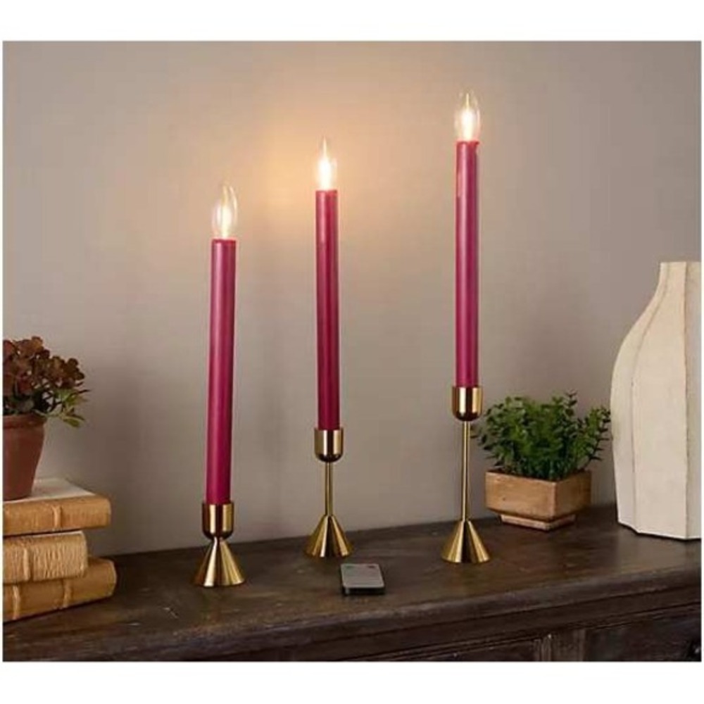 Bethlehem Lights 3 Flameless Taper Candles Gold‎ Holders Merlot w/ Remote